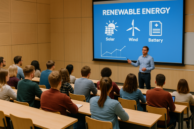 ENG Mężczyzna prowadzi wykład w sali uniwersyteckiej przed grupą studentów siedzących w ławkach. Na ekranie za nim wyświetlony jest slajd zatytułowany „Renewable Energy” z ikonami energii słonecznej, wiatrowej oraz baterii.