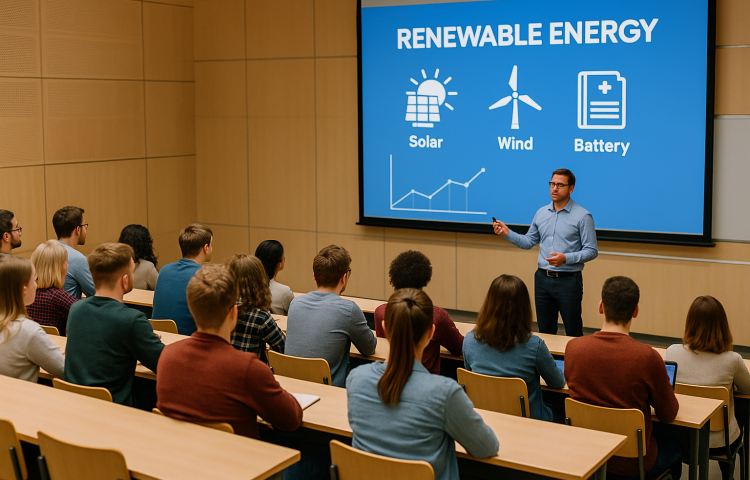 Prowadzący wykład pokazuje prezentację o energii odnawialnej, na której widnieją ikony dotyczące energii słonecznej, wiatrowej i magazynowania w bateriach. Przed nim siedzą studenci.