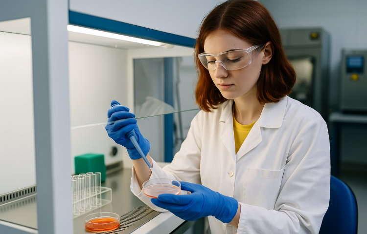 Obrazek przedstawia studentkę prowadzącą badanie w laboratorium.